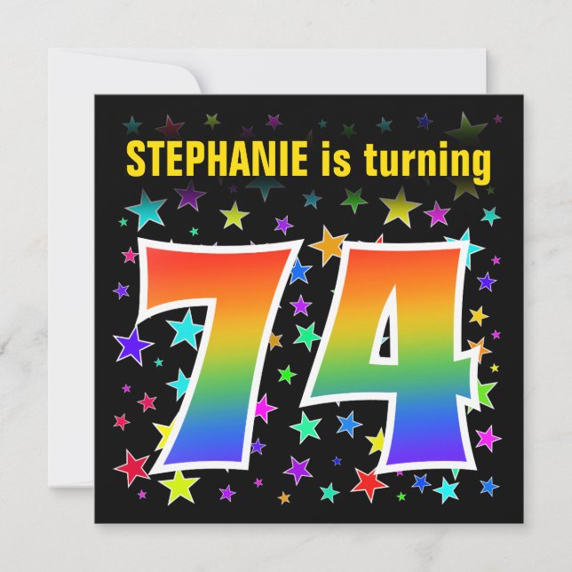 Colourful Stars + Rainbow Pattern "74" Birthday # Invitation (Front)