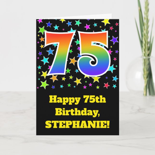 Colourful Stars + Rainbow Pattern "75" Birthday # Card (Front)