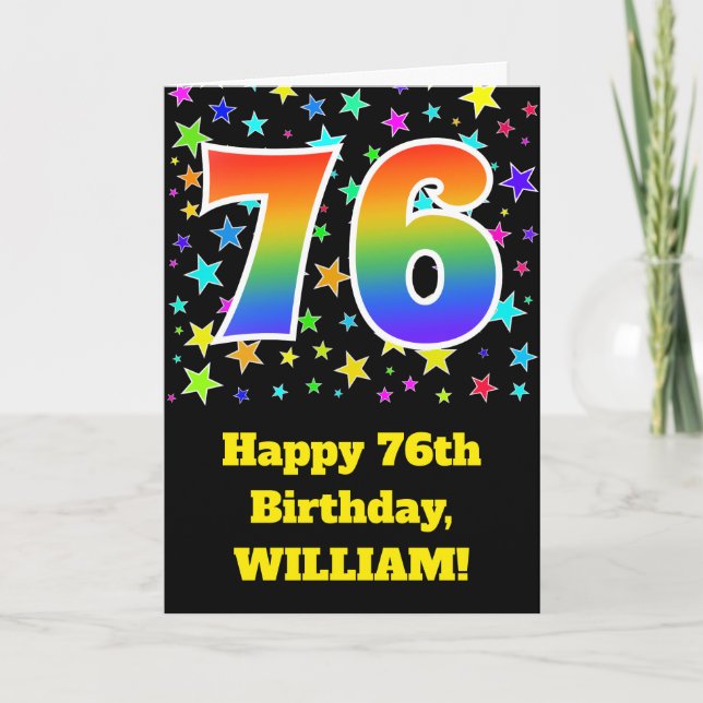 Colourful Stars + Rainbow Pattern "76" Birthday # Card (Front)