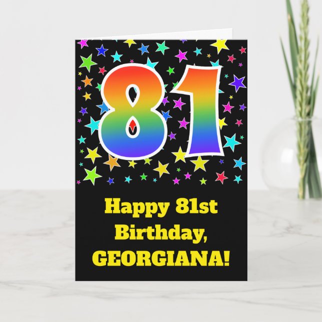 Colourful Stars + Rainbow Pattern "81" Birthday # Card (Front)