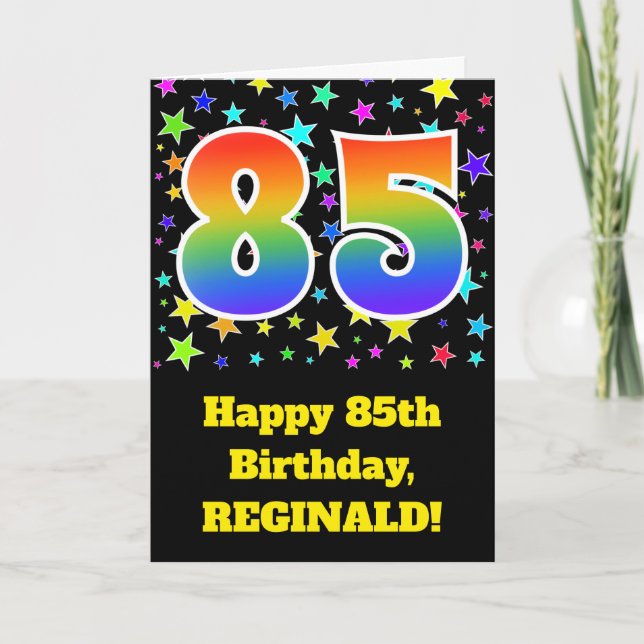 Colourful Stars + Rainbow Pattern "85" Birthday # Card (Front)