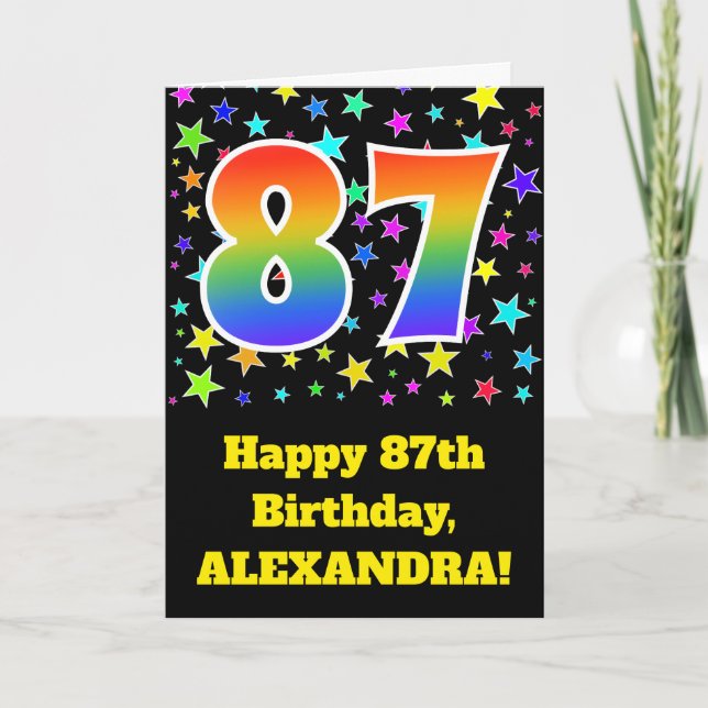 Colourful Stars + Rainbow Pattern "87" Birthday # Card (Front)