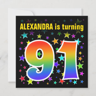 Colourful Stars + Rainbow Pattern "91" Birthday # Invitation