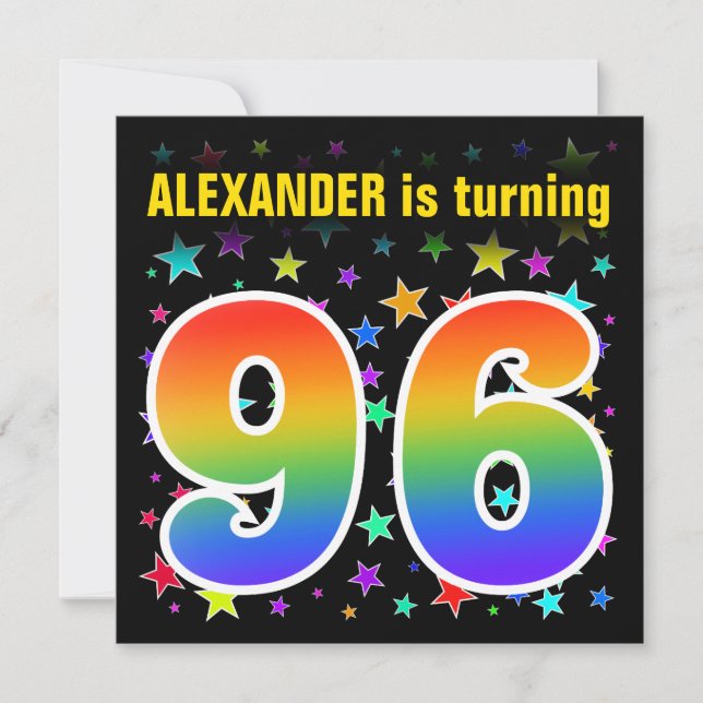 Colourful Stars + Rainbow Pattern "96" Birthday # Invitation (Front)