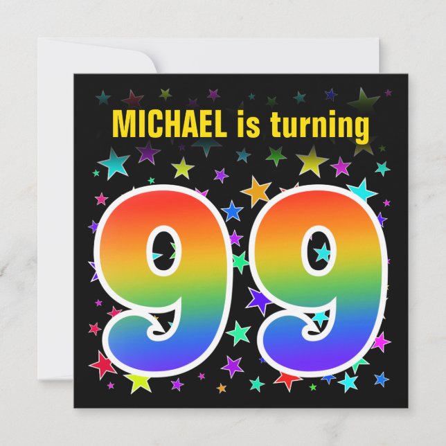 Colourful Stars + Rainbow Pattern "99" Birthday # Invitation (Front)