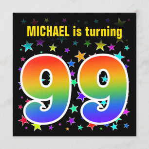 Colourful Stars + Rainbow Pattern "99" Birthday # Invitation