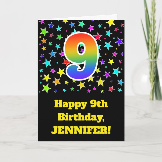 Colourful Stars + Rainbow Pattern "9" Birthday # Card (Front)