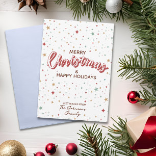 Colourful Stars Red and White Simple Christmas Holiday Card