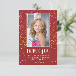 Colourful Stars Red Birthday Kids Girl Photo Thank You Card