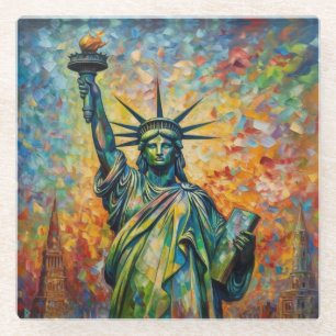 Colourful Statue of Liberty New York Art Glass Coaster