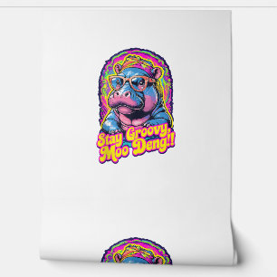 Colourful Stay Groovy Moo Deng Pygmy Hippo Design Wallpaper