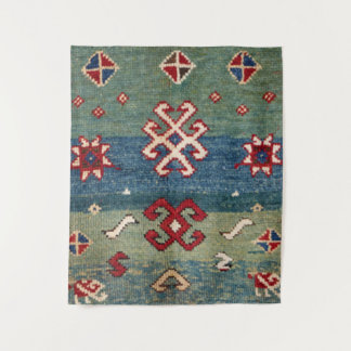 Colourful Steel Blue Light Green Chequered Tapestry