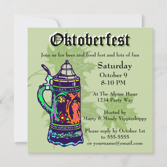 Colourful Stein on Green Oktoberfest Invitation (Front)