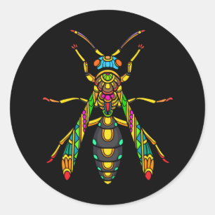 colourful-stinger-bee-mandala-arts-isolated-black- classic round sticker