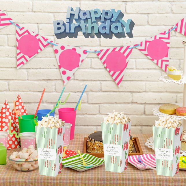 Colourful strawberry and greenery stripes Birthday Favour Box (Thank you for comming to birthday party. Strawberry pattern with sage greens stripes for your day.)