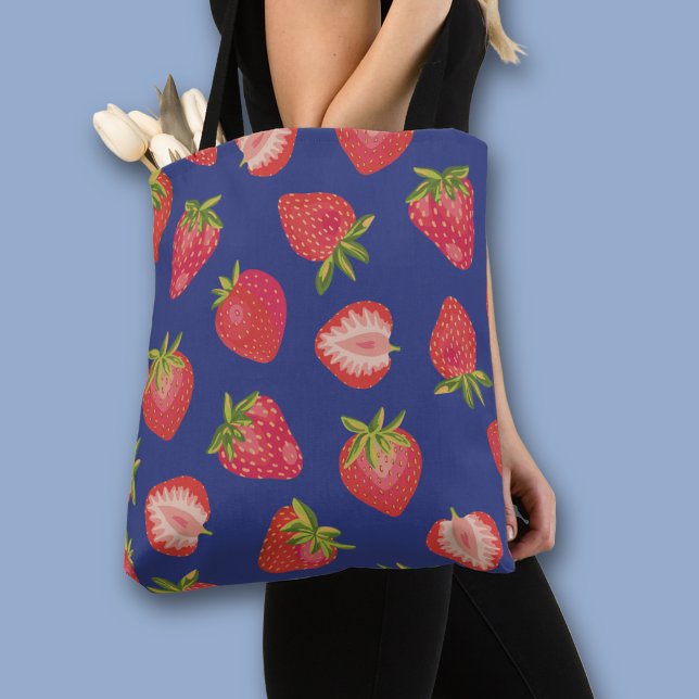 Colourful strawberry pattern tote bag (Strawberry pattern blue all over print tote bag)