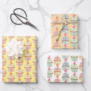 Colourful Strawberry Topped Cupcake Pattern Wrapping Paper Sheet