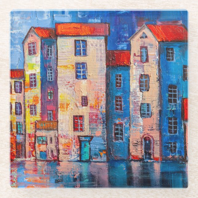 Colourful Street Panorama Impressionist Art Glass Coaster (Front)