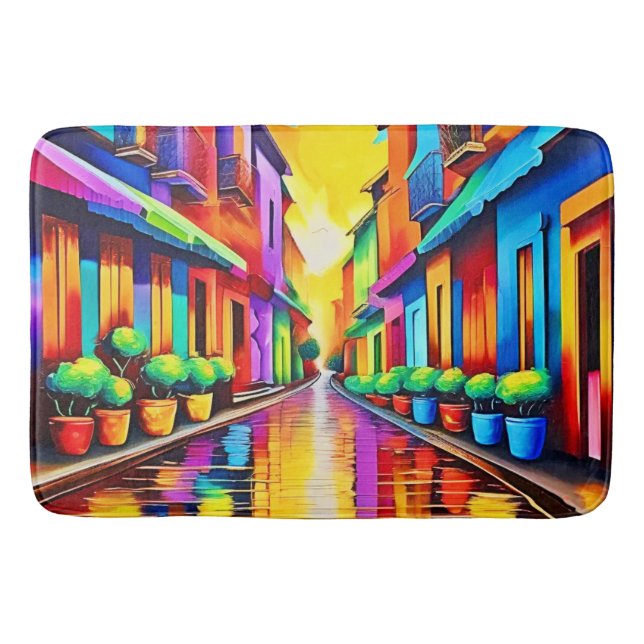 Colourful Street Scene Art Bath Mat (Front)