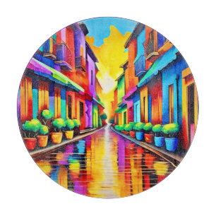 Colourful Street Scene Art Cutting Board