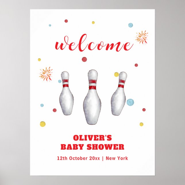 Colourful Strike Up Bowling Baby Shower Welcome Poster (Front)