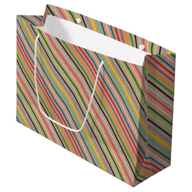 Colourful Stripe Pattern On Rustic Faux Brown Kraf Large Gift Bag (Front Angled)