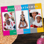 Colourful Striped 3 Photo Collage Merry Christmas<br><div class="desc">Send a bright festive flourish to your friends and family with this colourful Christmas card. On a brightly striped background, the card displays three of your favourite photos in a gallery effect. At the top, the greeting 'Merry Christmas' is in lower case typography with a cool retro appearance. Customise the...</div>