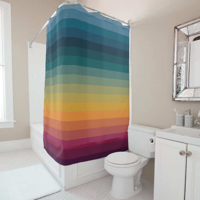 Colourful Striped 70s 80s Retro Rainbow Stripes Shower Curtain (In Situ)