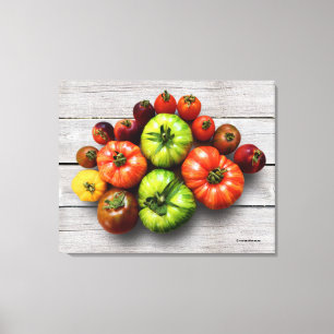 Colourful Striped Tomatoes on Weathered Table Canvas Print