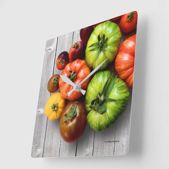 Colourful Striped Tomatoes on Weathered Table Square Wall Clock (Angle)