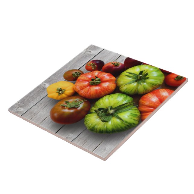 Colourful Striped Tomatoes on Weathered Table Tile (Side)