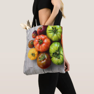 Colourful Striped Tomatoes on Weathered Table Tote Bag