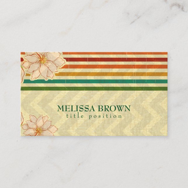 Colourful Stripes And Beige Flowers Business Card (Front)