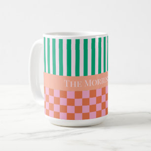 Colourful Stripes and Checks Green Pink Orange Coffee Mug