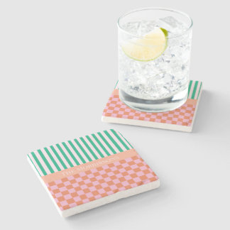 Colourful Stripes and Checks Green Pink Orange Stone Coaster