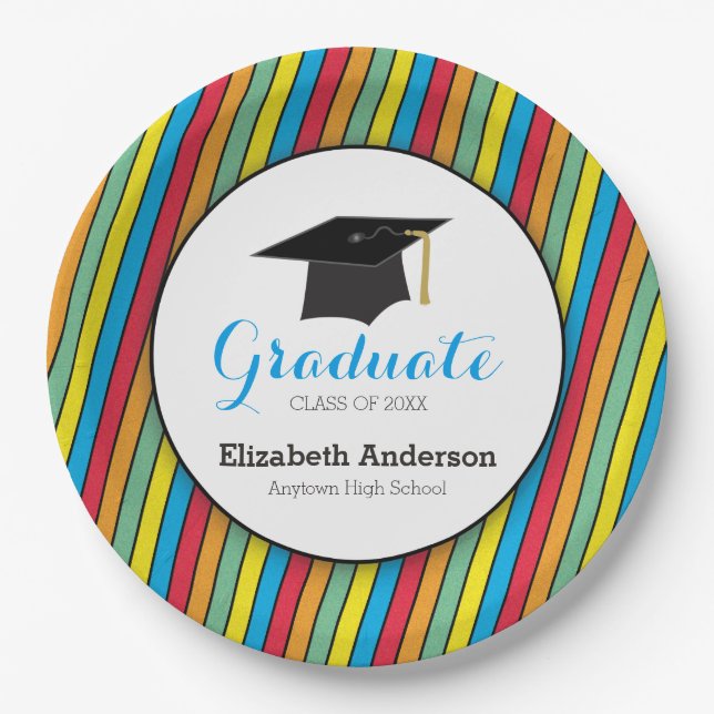 Colourful Stripes and Hat Personalised Graduation Paper Plate (Front)