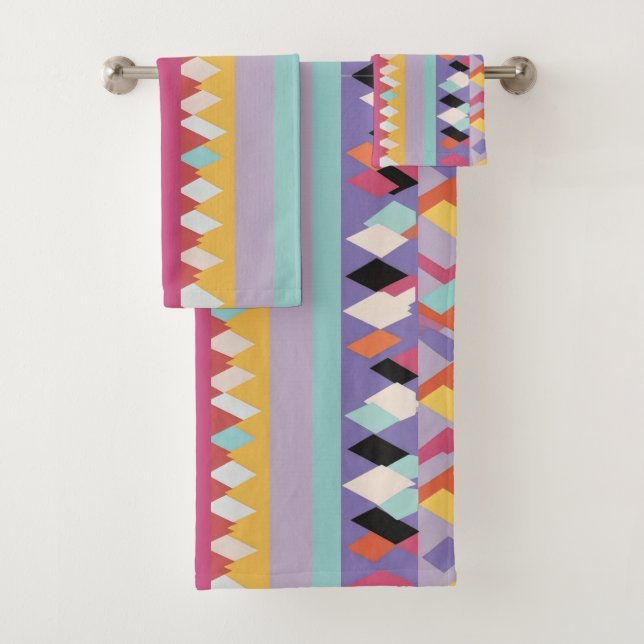 colourful stripes and triangles Pattern mix Bath Towel Set (Insitu)