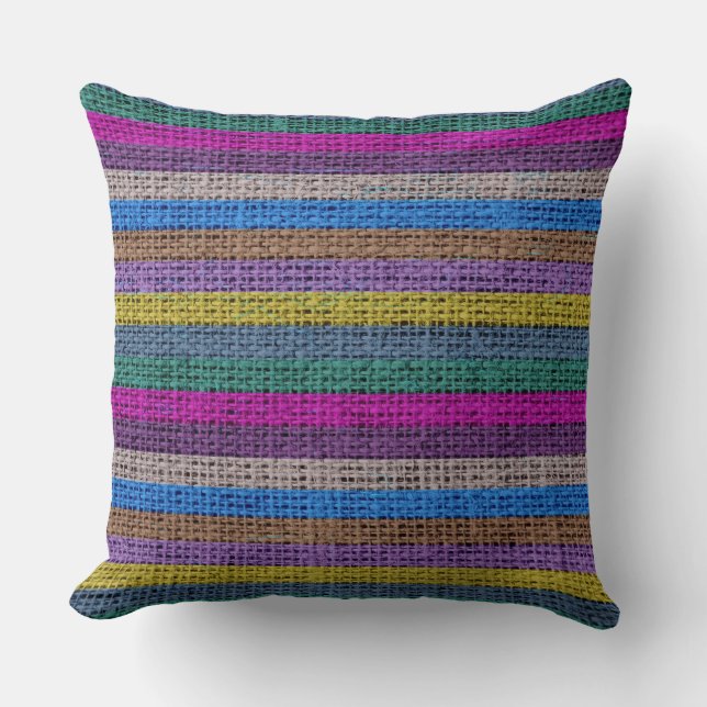 Colourful Stripes Burlap Linen Rustic Jute #5 Cushion (Front)