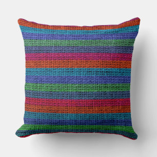 Colourful Stripes Burlap Linen Rustic Jute #6 Cushion