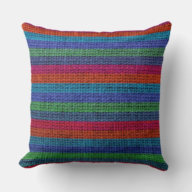 Colourful Stripes Burlap Linen Rustic Jute #6 Cushion (Front)