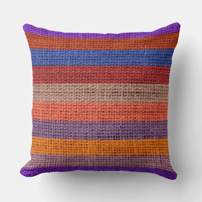 Colourful Stripes Burlap Linen Rustic Jute #9 Cushion (Front)