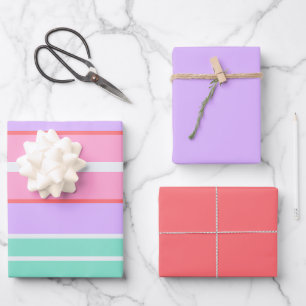 Colourful Stripes, Coral Pink and Mauve Birthday  Wrapping Paper Sheet