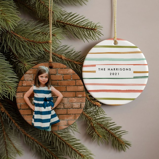 Colourful Stripes Custom Photo Ceramic Tree Decoration (Watercolor colorful stripes photo family name and year ornament)