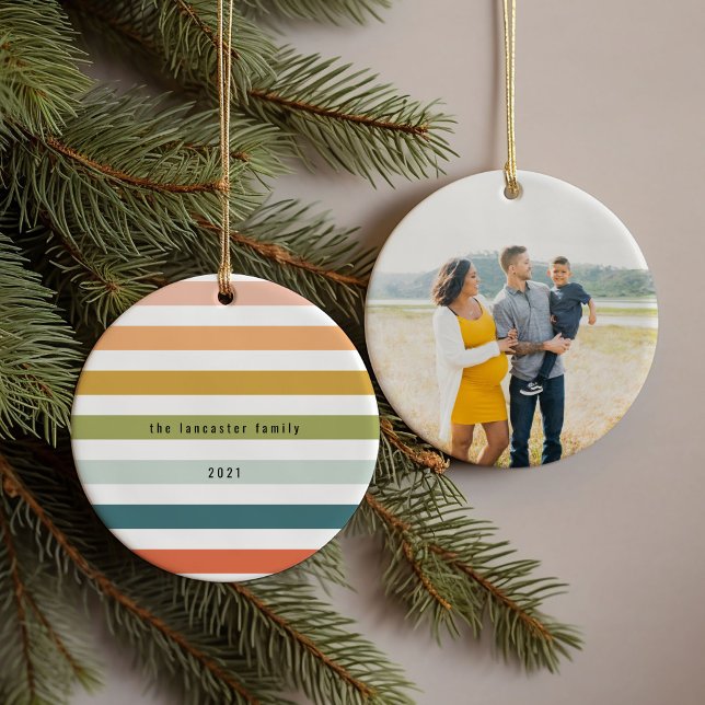 Colourful Stripes Custom Photo Ceramic Tree Decoration (Colorful stripes family name, year, and photo ornament.)