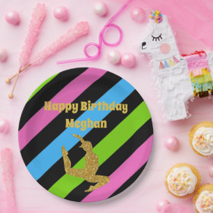 Colourful Stripes Gold Gymnastics Birthday Black Paper Plate