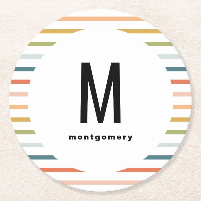 Colourful Stripes Monogrammed Cocktail Round Paper Coaster (Front)