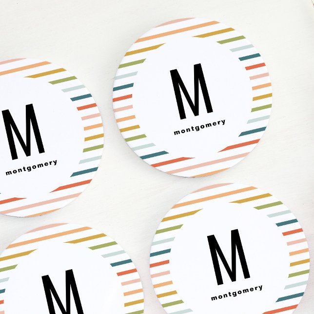 Colourful Stripes Monogrammed Cocktail Round Paper Coaster (Colorful Stripes Monogrammed Cocktail Round Paper Coaster)