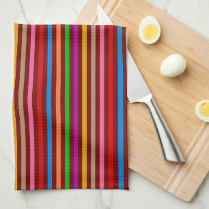 Colourful Stripes On Red Pattern Design Tea Towel