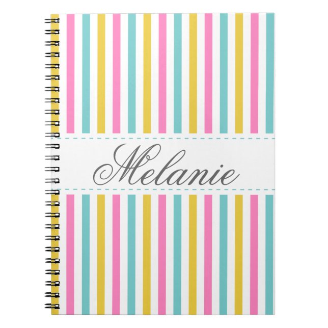 Colourful Stripes Pattern Custom Name Spiral Notebook (Front)