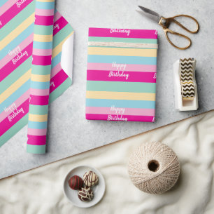 Colourful Stripes Pattern Happy Birthday Flat Card Wrapping Paper
